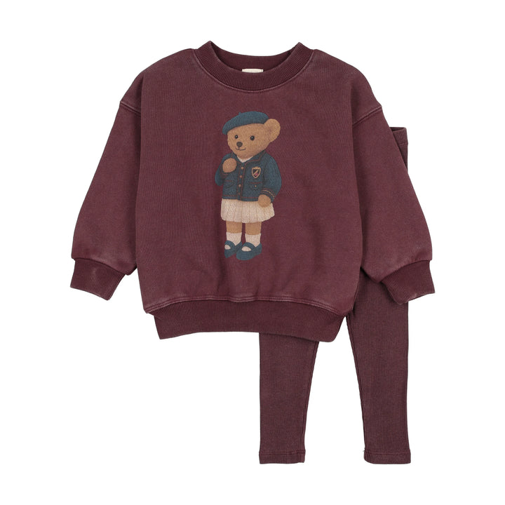 set outfit bear sweatshirt and leggings - washed burgundy