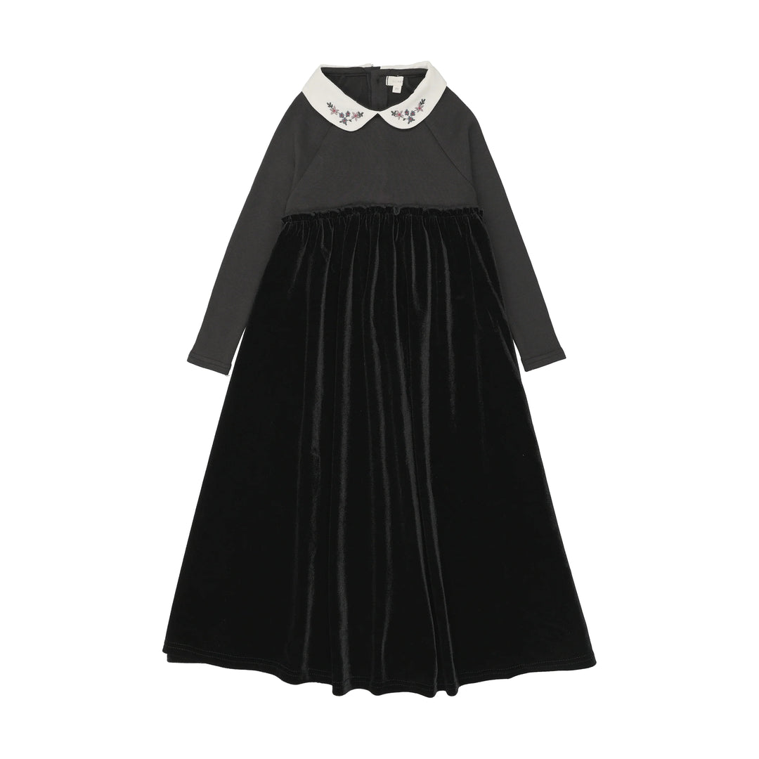 maxi dress embroidered collar velour - black