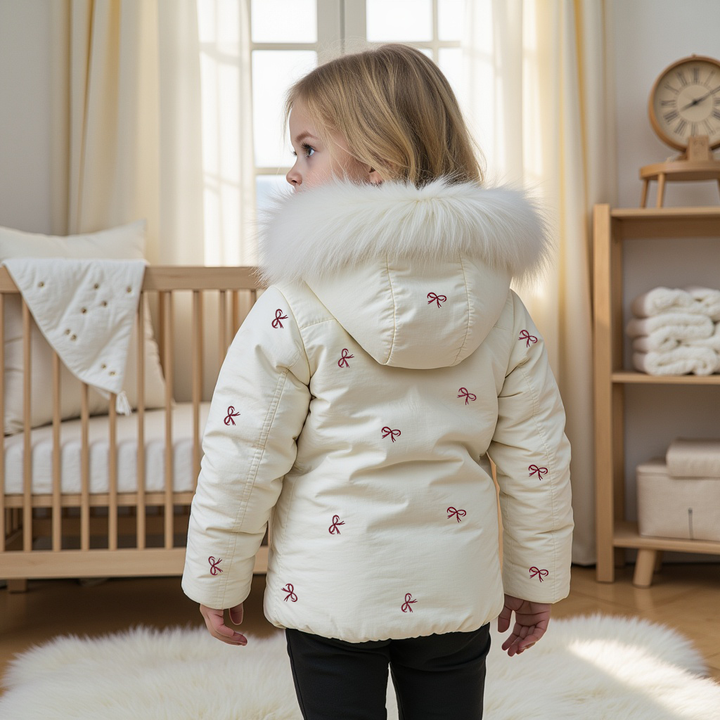 coat bow print with fur hood and mittens - ivory