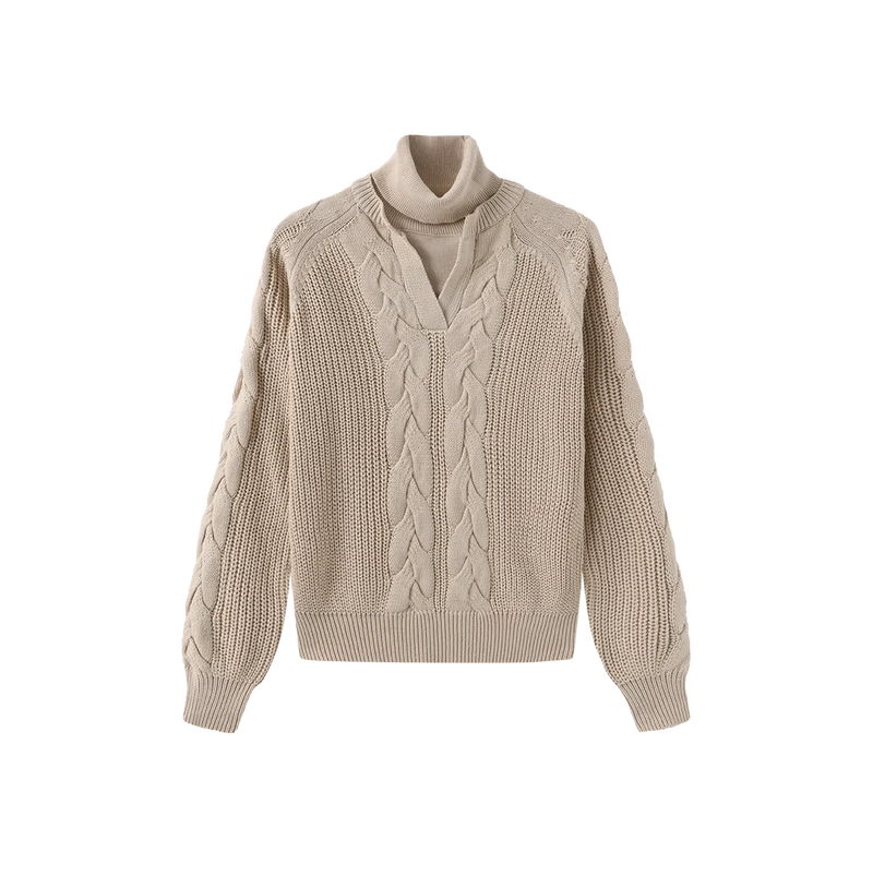 top l/s chunky cable knit sweater with attached turtleneck - oatmeal