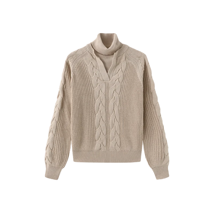 top l/s chunky cable knit sweater with attached turtleneck - oatmeal