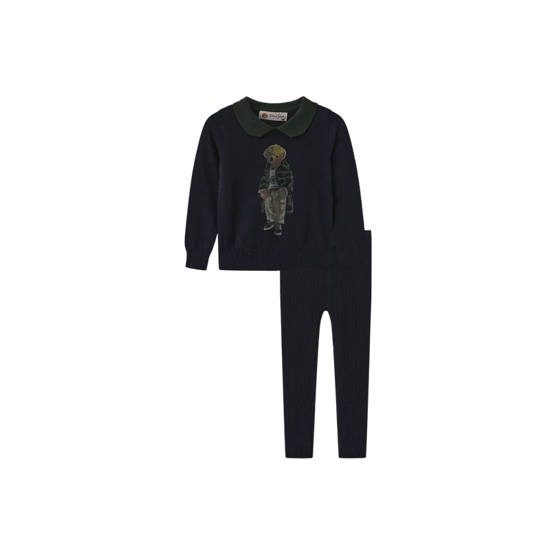 set outfit knit bear top and leggings - navy