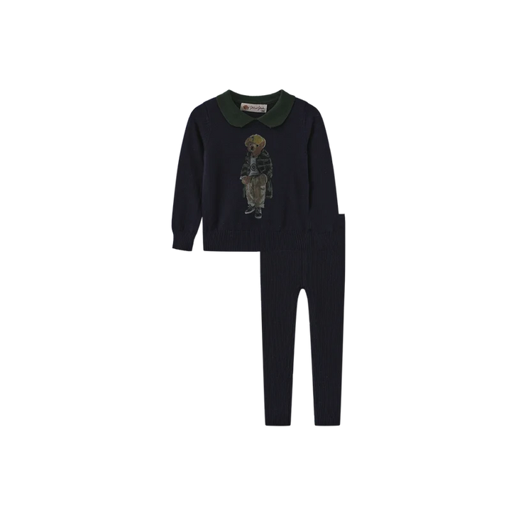 set outfit knit bear top and leggings - navy