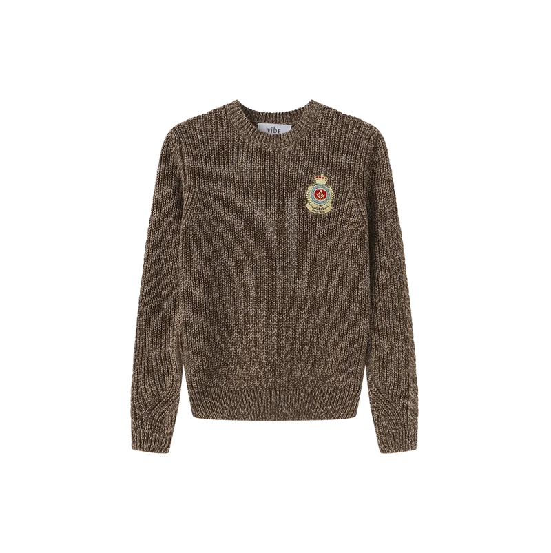 top l/s marled knit emblem sweater - brown