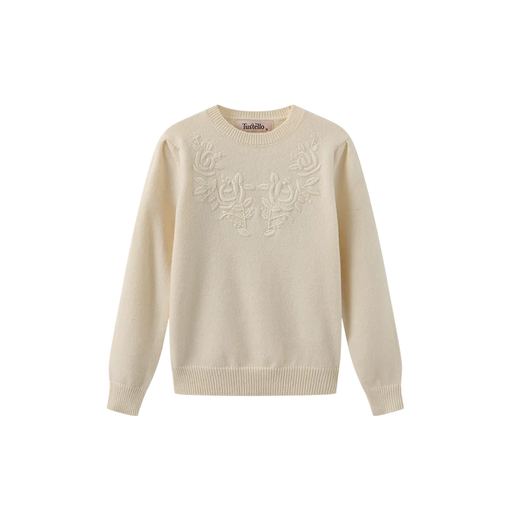 top l/s floral embroidered sweater - ivory