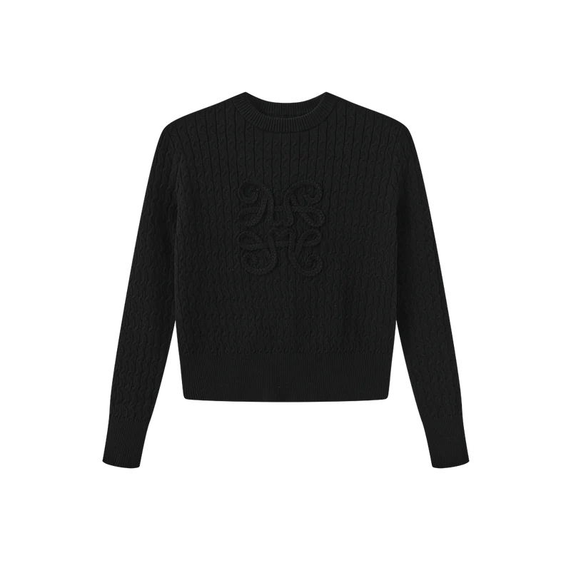 top l/s braided cable knit sweater - black