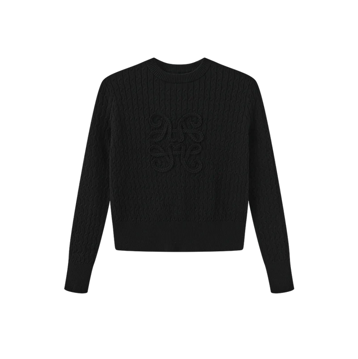 top l/s braided cable knit sweater - black