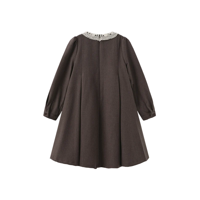 dress wool wide pleated with knit collar - brown
