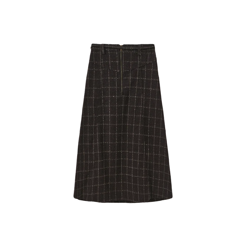 skirt wool plaid with thin waist belt - brown