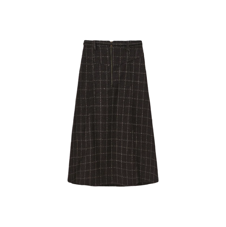 skirt wool plaid with thin waist belt - brown