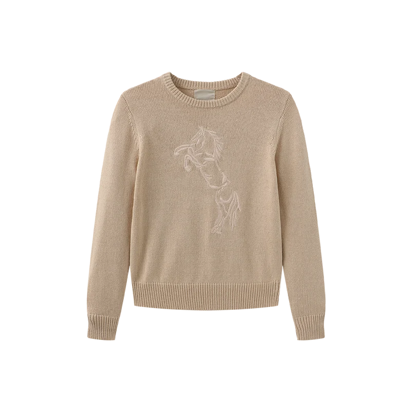 top l/s embroidered horse sweater - natural