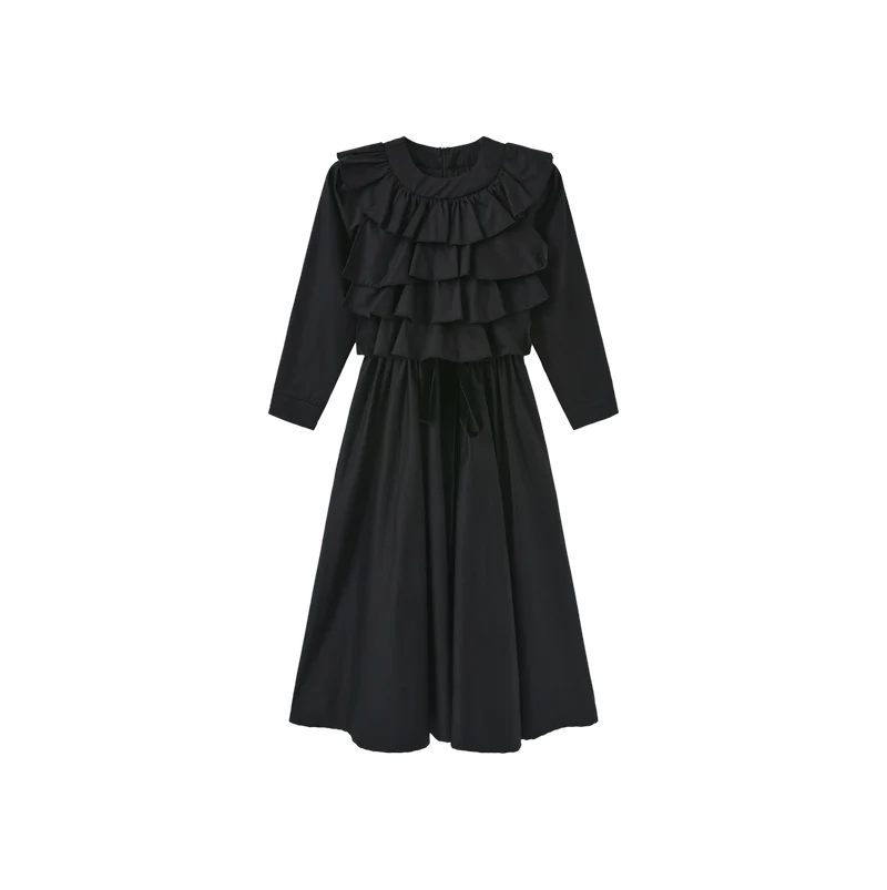 dress tafetta ruffle with velour tie - black