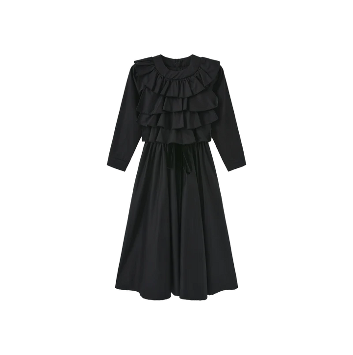 dress tafetta ruffle with velour tie - black