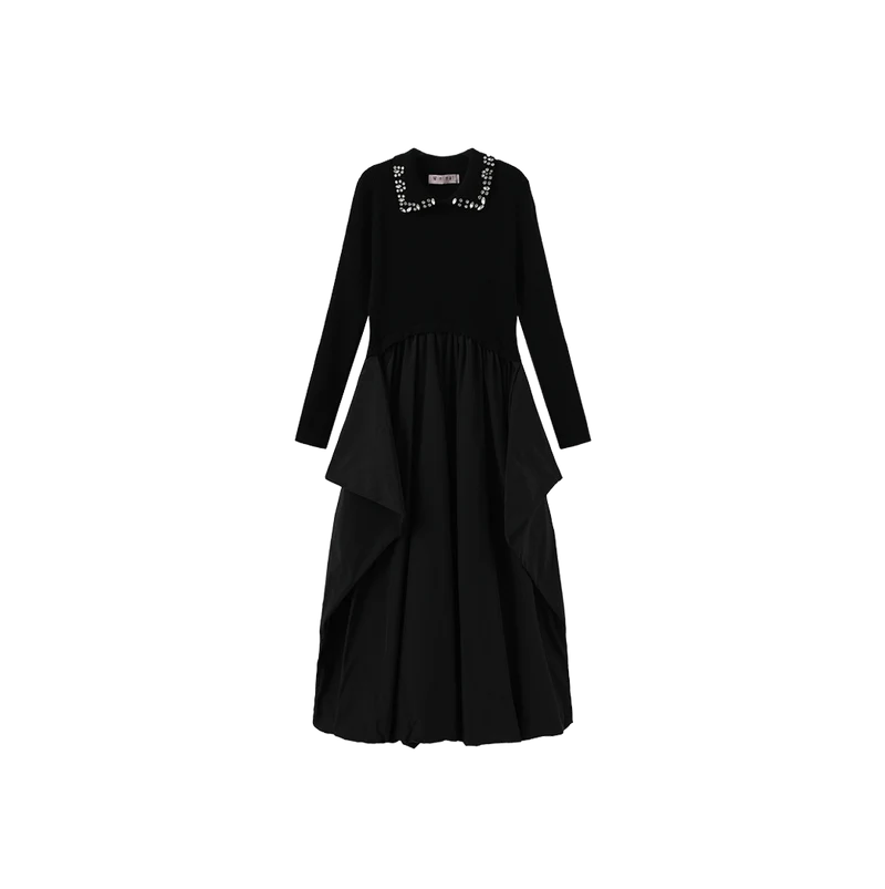 dress maxi knit collared bubble hem - black