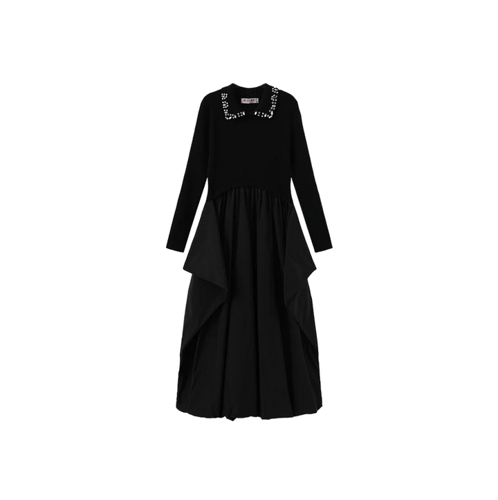 dress maxi knit collared bubble hem - black