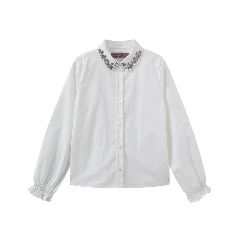 shirt l/s crystal collar - white