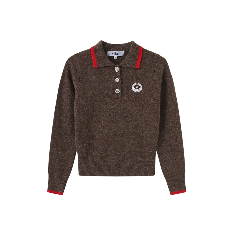 top l/s knit button collared sweater - brown