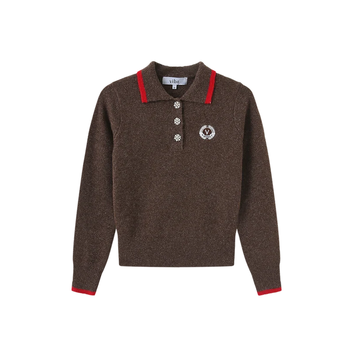 top l/s knit button collared sweater - brown