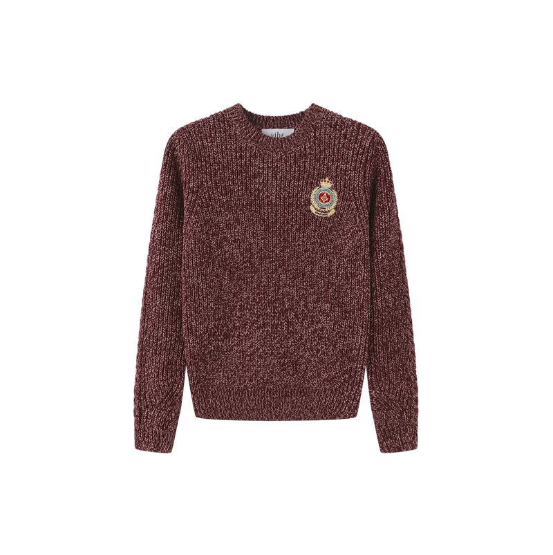 top l/s marled knit emblem sweater - burgundy