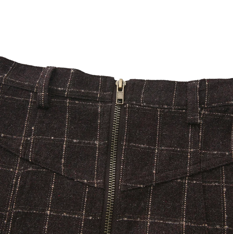skirt wool plaid with thin waist belt - brown