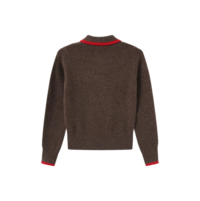 top l/s knit button collared sweater - brown