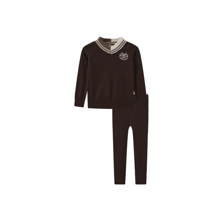 set outfit striped trim crest sweater and leggings - brown