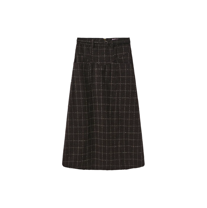 skirt wool plaid with thin waist belt - brown