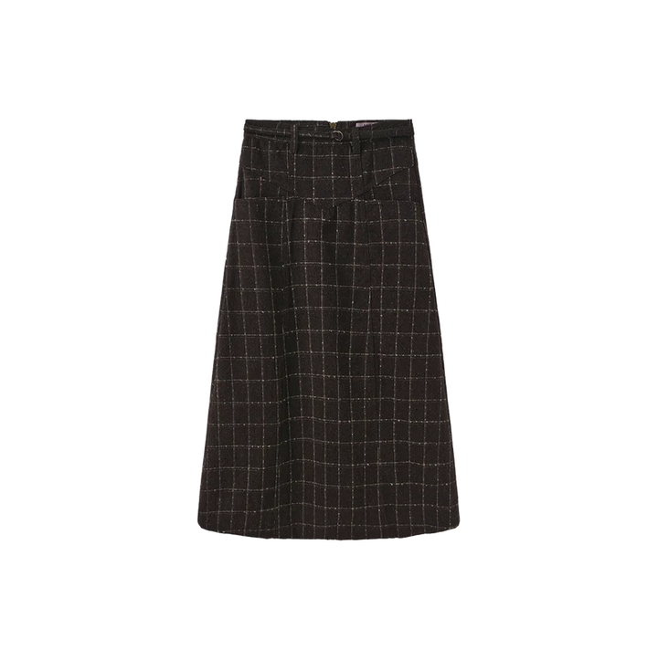 skirt wool plaid with thin waist belt - brown