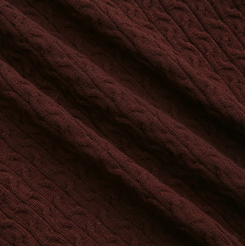 top l/s braided cable knit sweater - brown