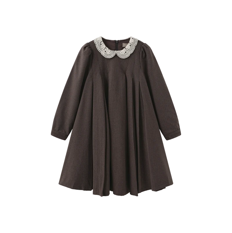 dress wool wide pleated with knit collar - brown