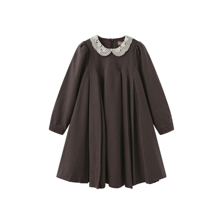dress wool wide pleated with knit collar - brown