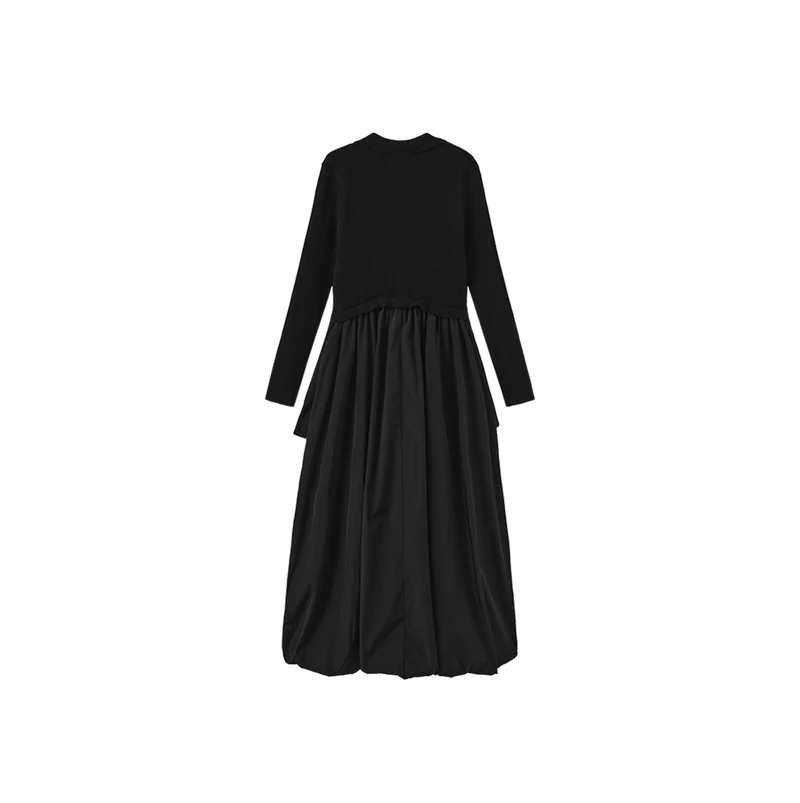 dress maxi knit collared bubble hem - black