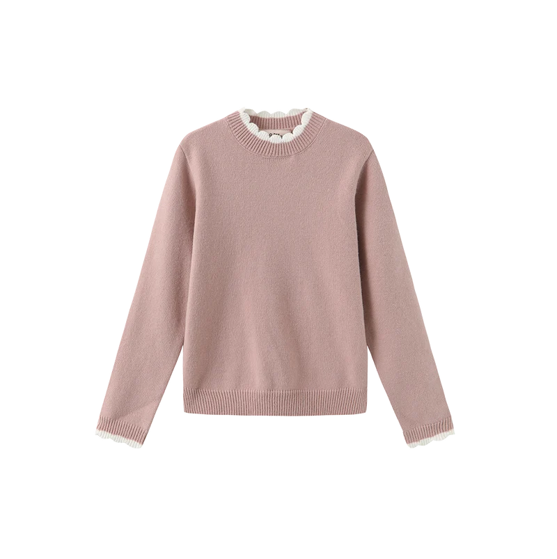 top l/s scalloped trim sweater - dusty pink