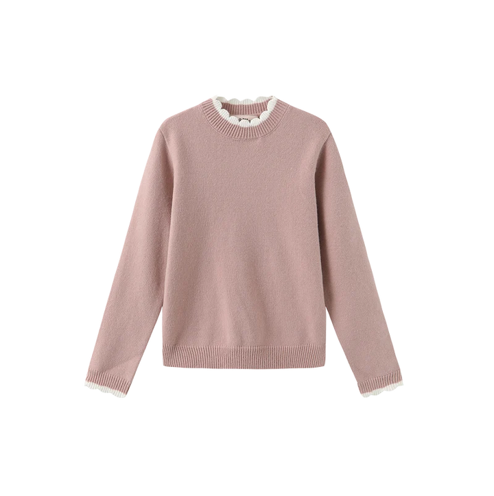 top l/s scalloped trim sweater - dusty pink