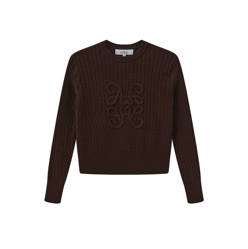 top l/s braided cable knit sweater - brown