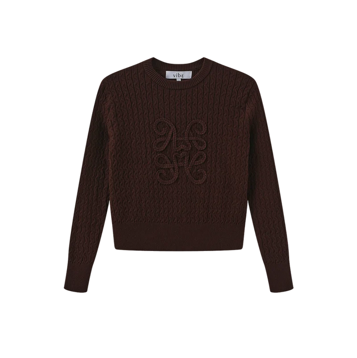 top l/s braided cable knit sweater - brown