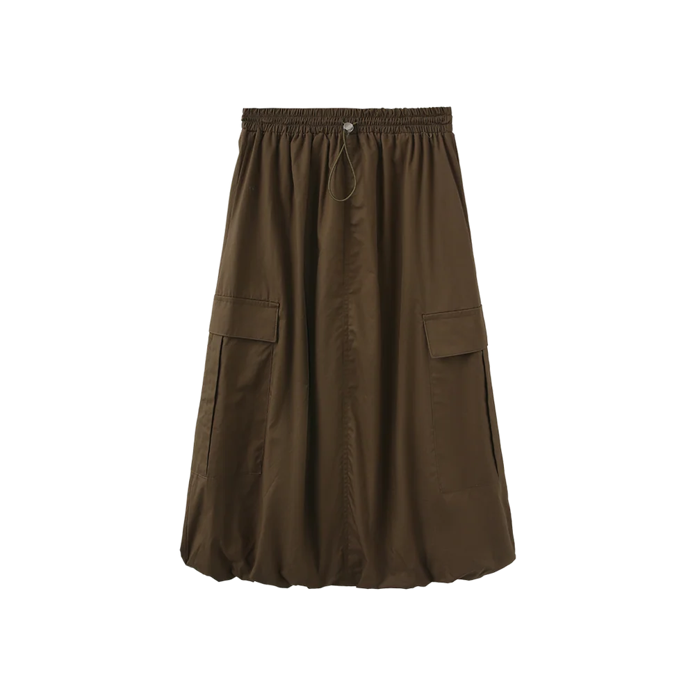 skirt midi bubble hem with pockets - brown