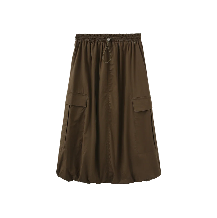 skirt midi bubble hem with pockets - brown