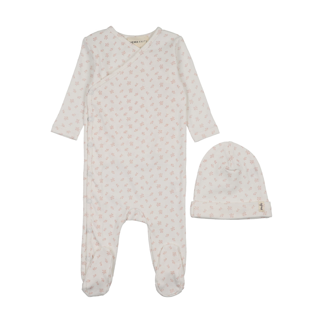 footie floral printed side snap with beanie - winter white/pink