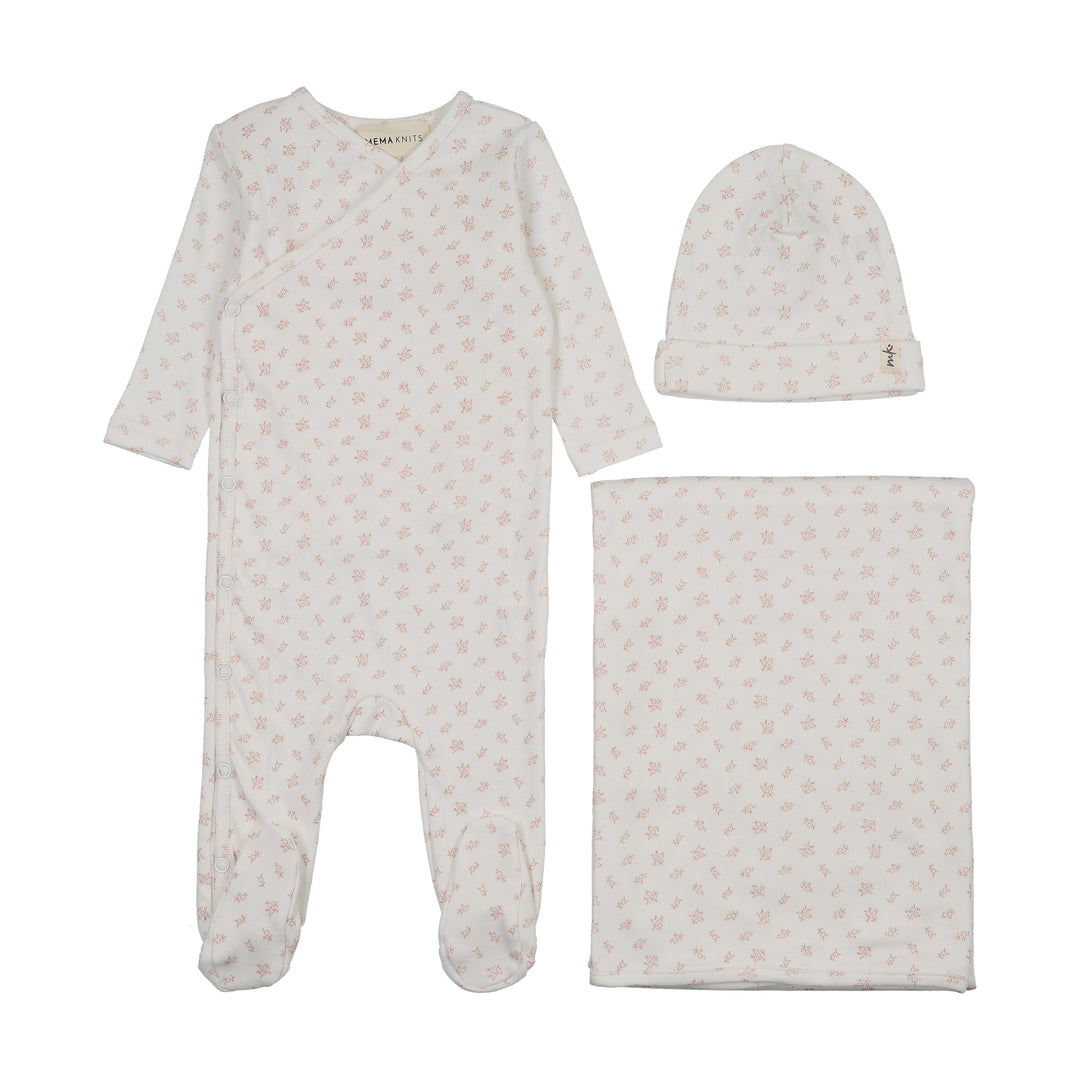 set footie floral printed side snap with beanie and blanket - winter white/pink