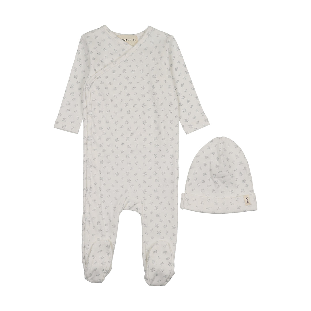 footie floral printed side snap with beanie - winter white/blue