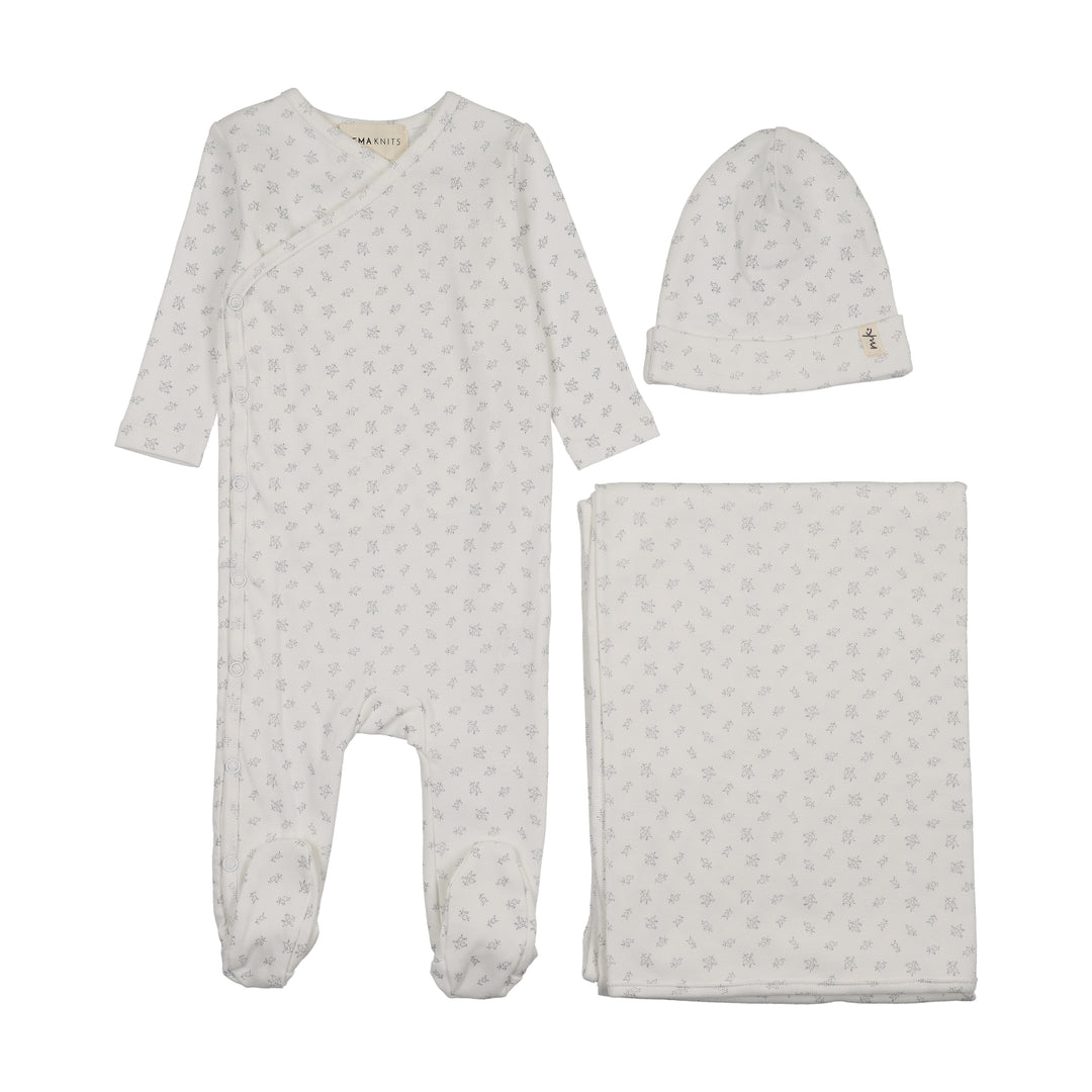set footie floral printed side snap with beanie and blanket - winter white/blue