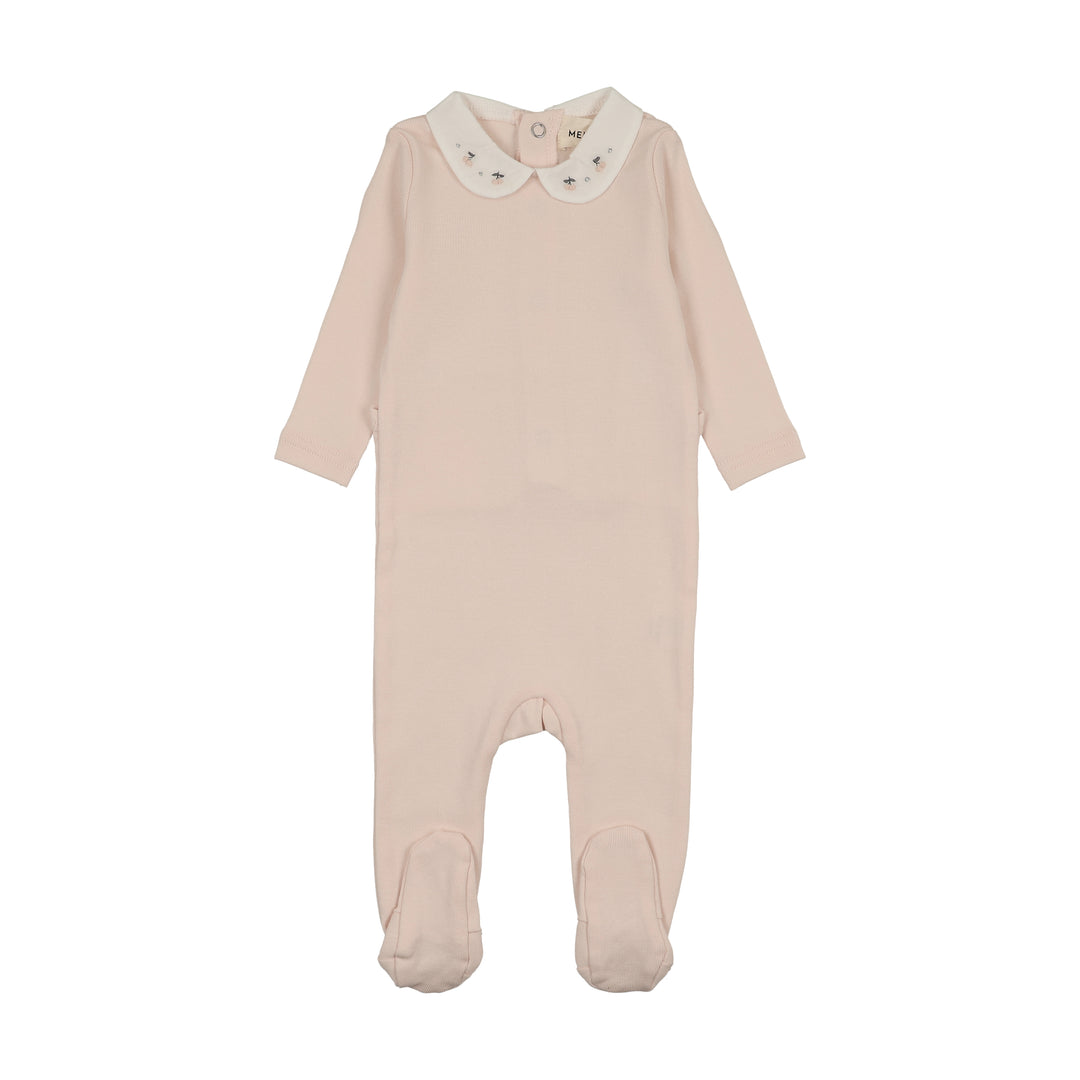 footie embroidered collar with cardigan and bonnet - baby blush