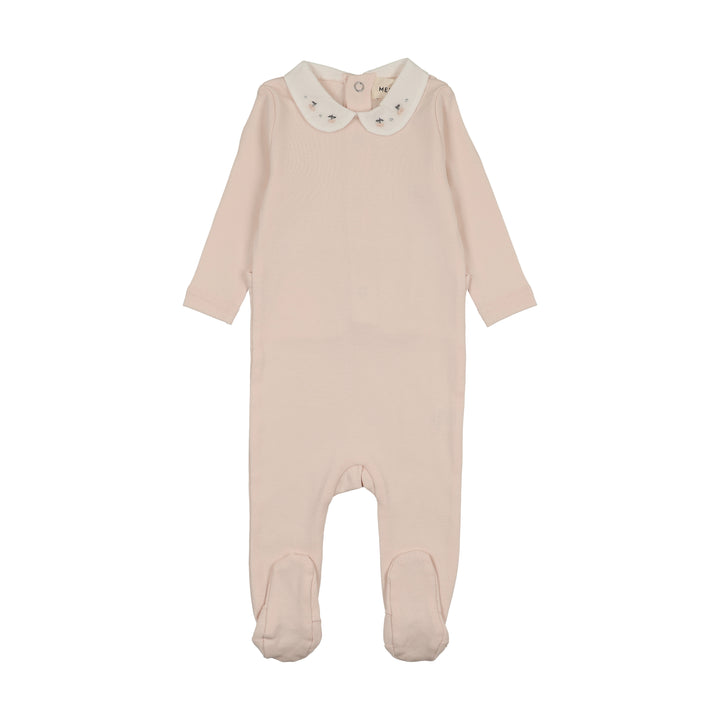 footie embroidered collar with cardigan and bonnet - baby blush