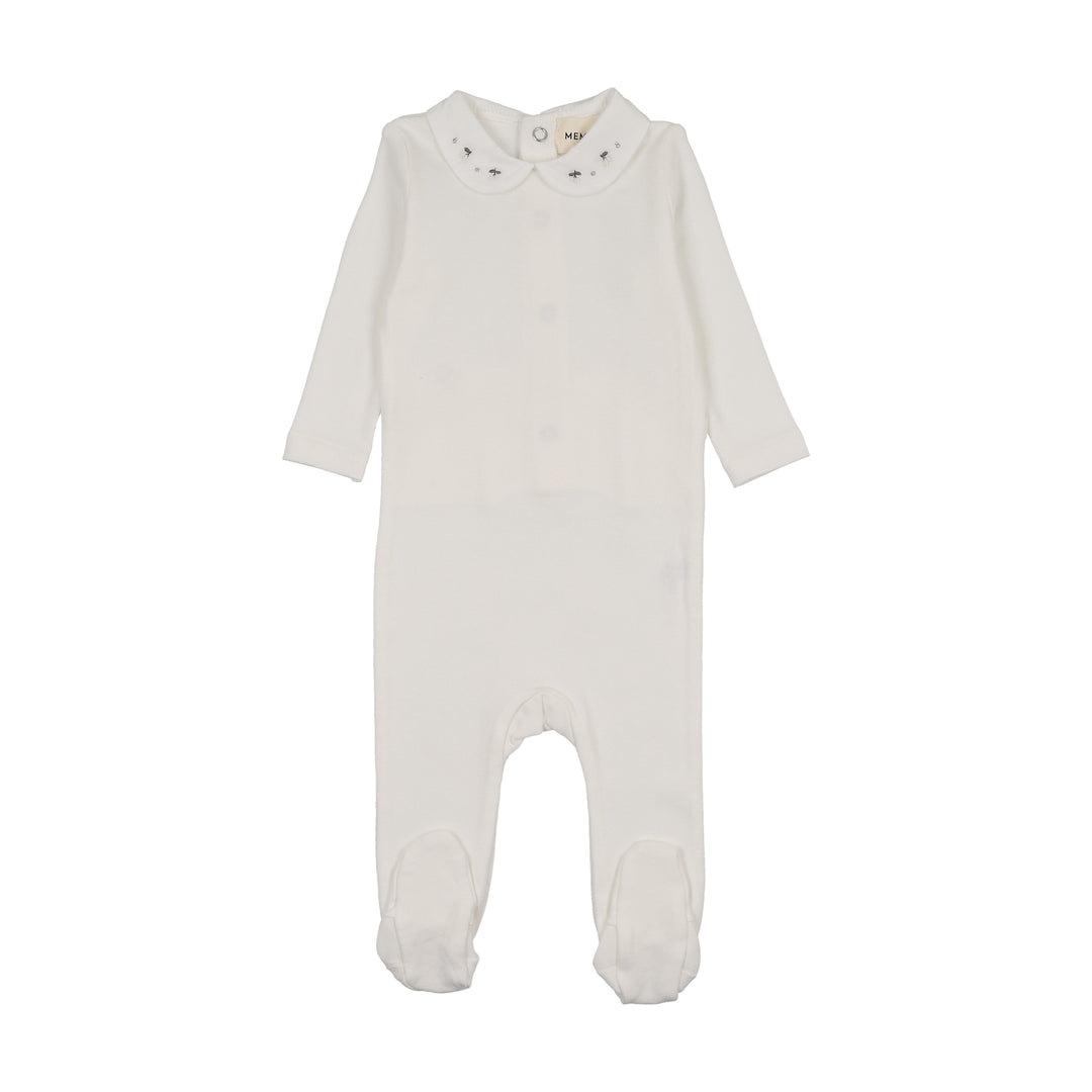 footie embroidered collar with cardigan and bonnet - winter white