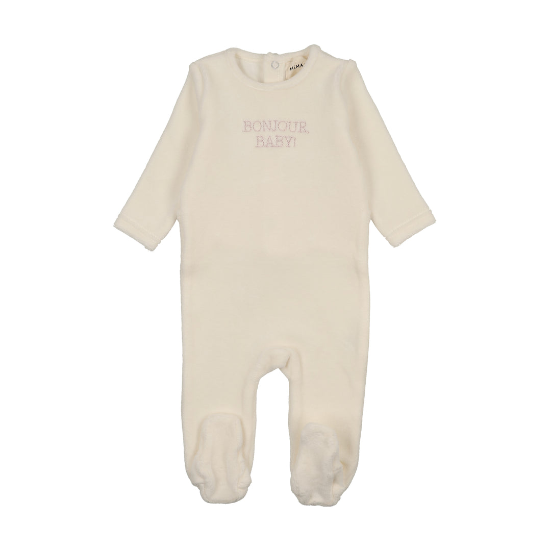 footie velour bonjour baby - ivory/pink