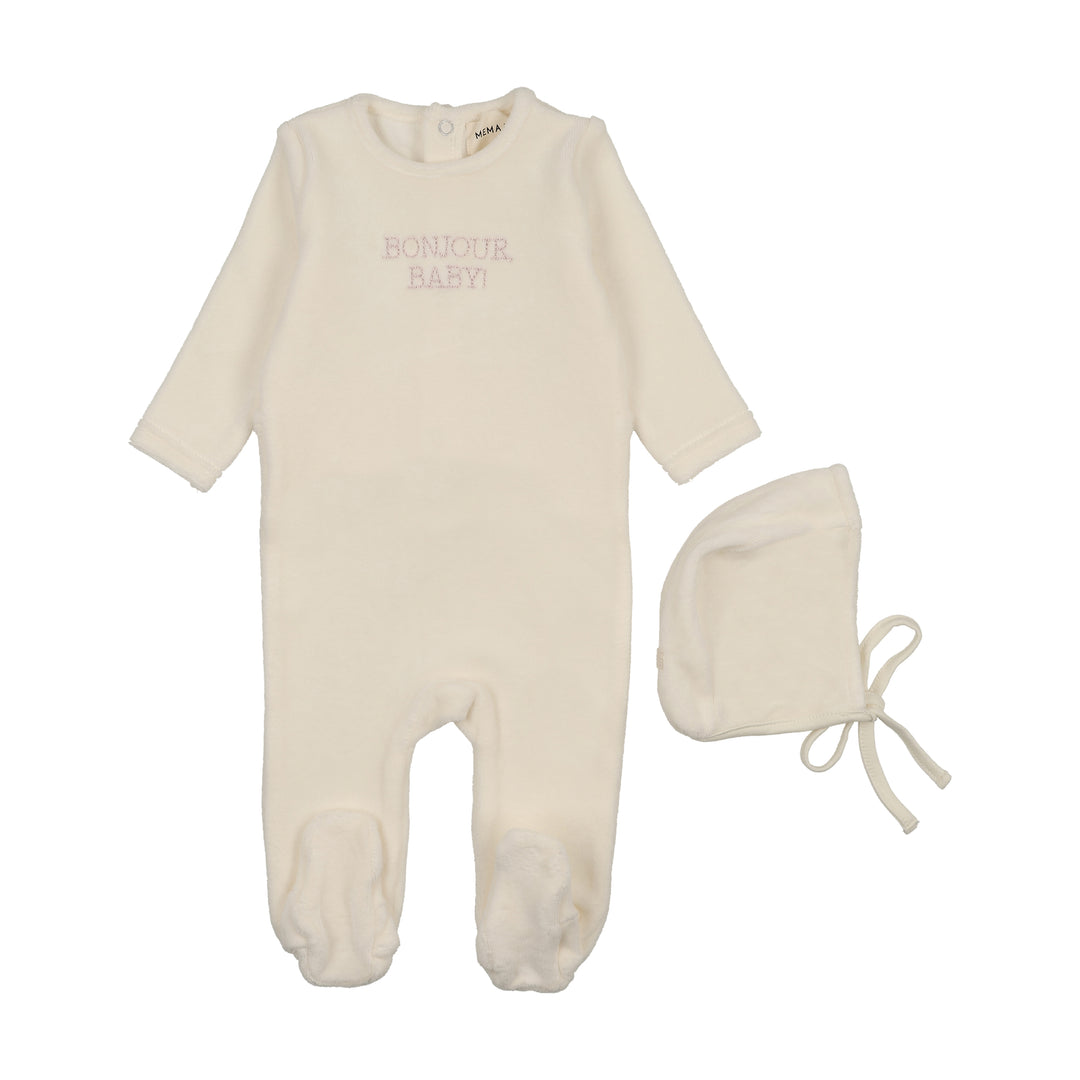 footie velour bonjour baby with beanie - ivory/pink