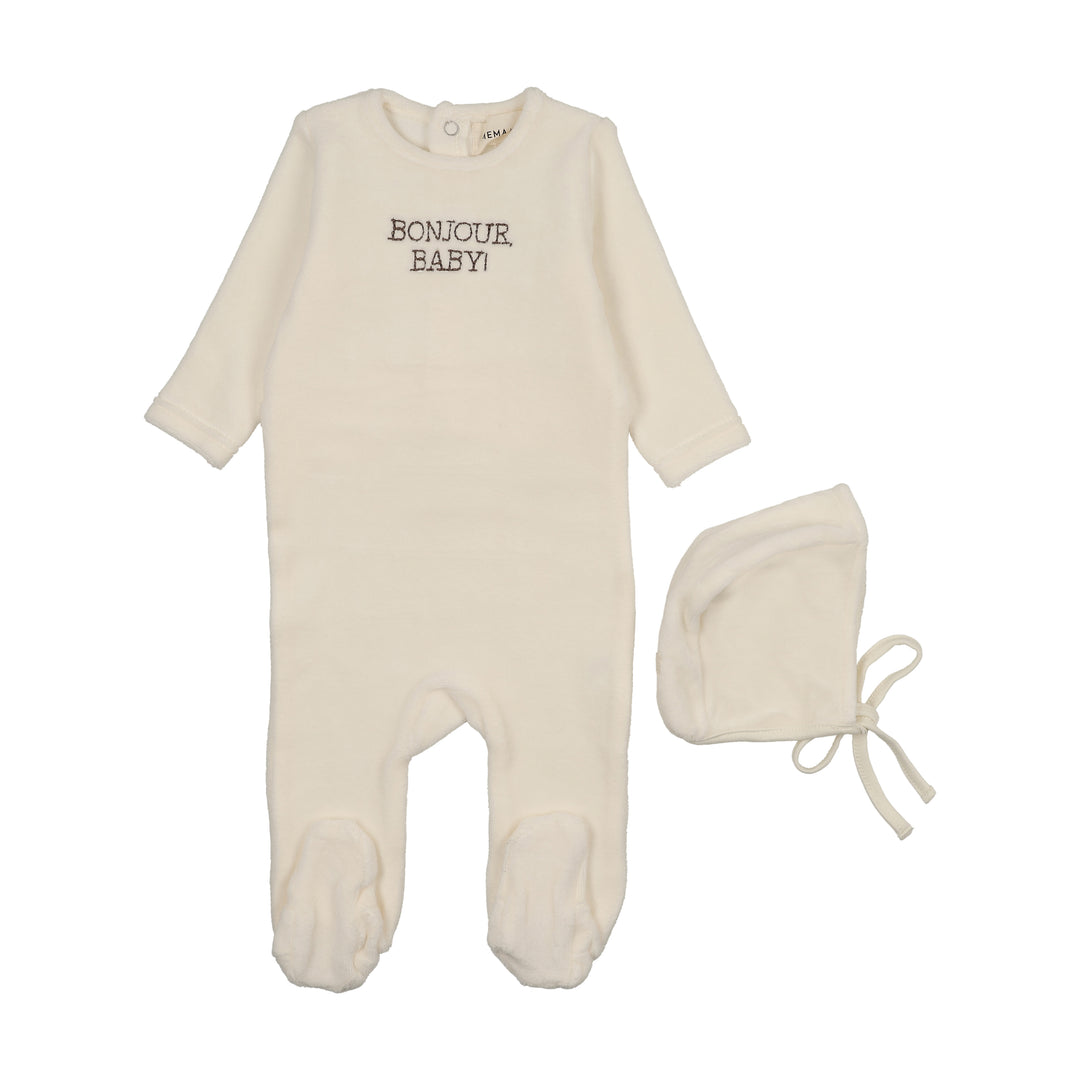 footie velour bonjour baby with beanie - ivory/otter