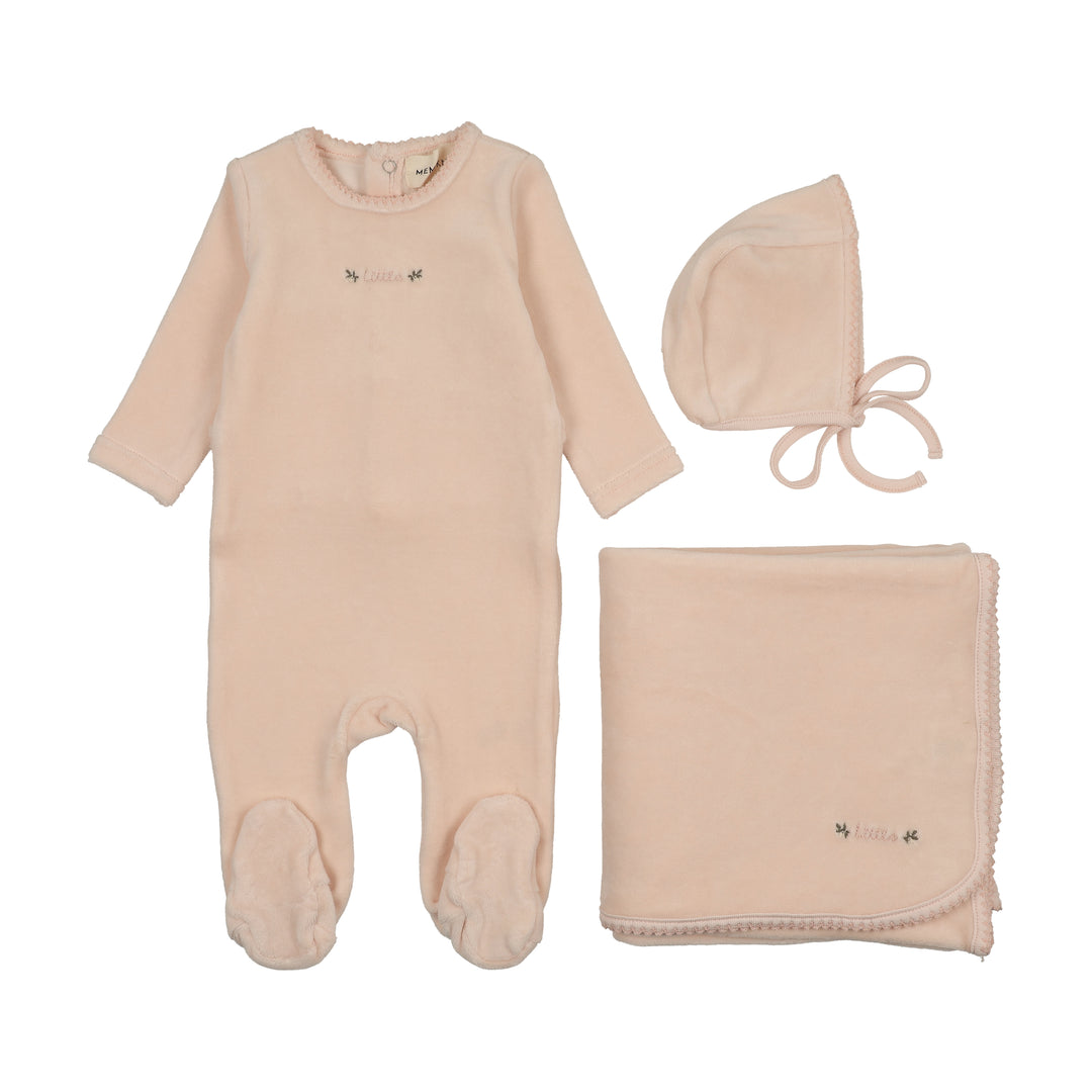 set footie velour piquet edge mock wrap with bonnet and blanket - baby blush