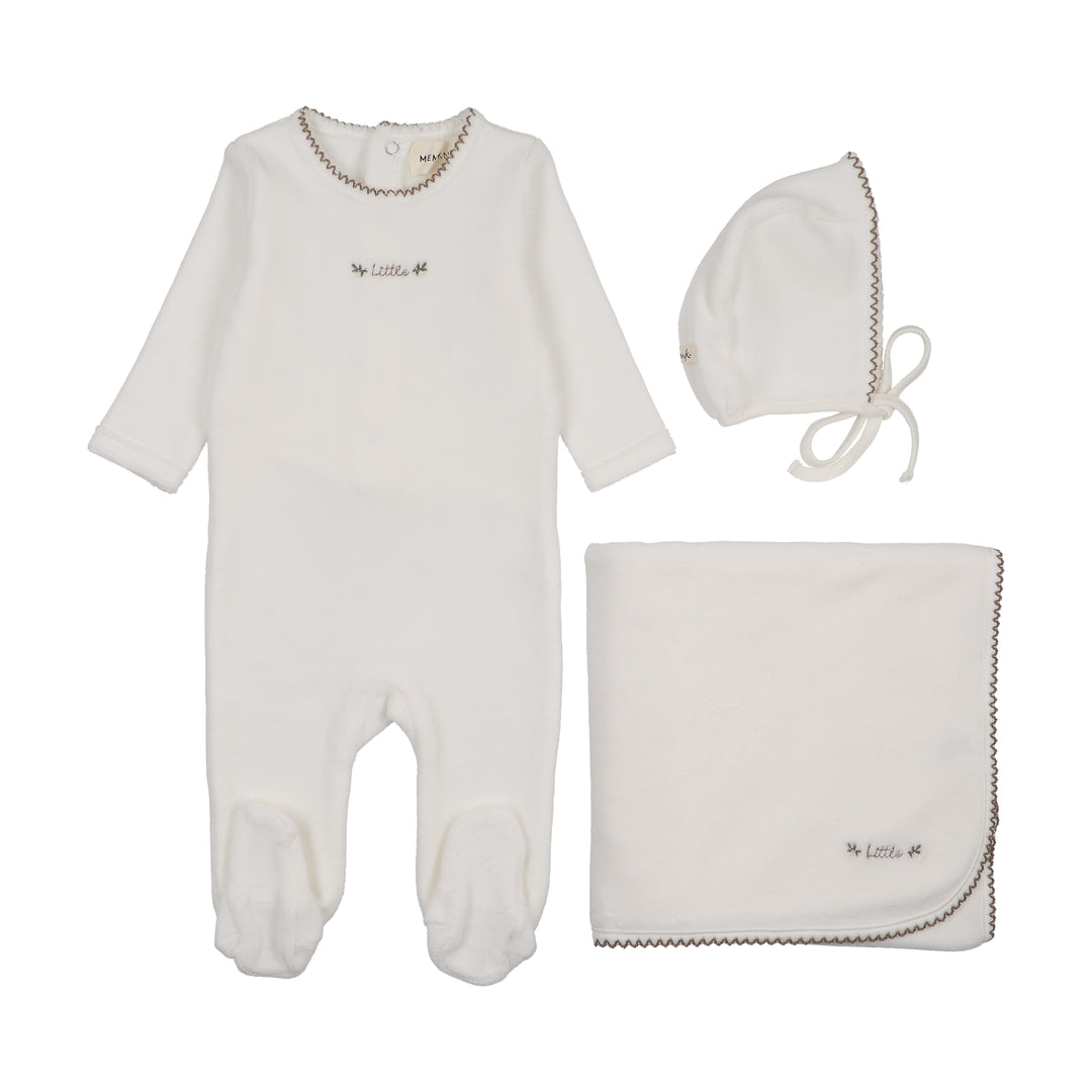 set footie velour piquet edge mock wrap with bonnet and blanket - winter white